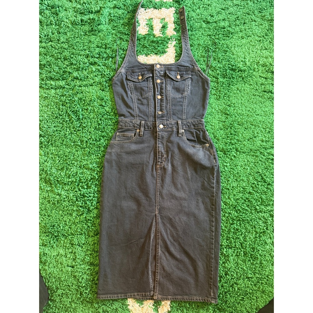 Universal Thread Denim Halter Midi Dress Dark Wash Button Front Womens (G)